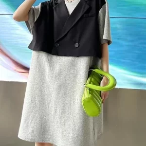 Unique Grey Patchwork Black Button Party Summer Cotton Dress