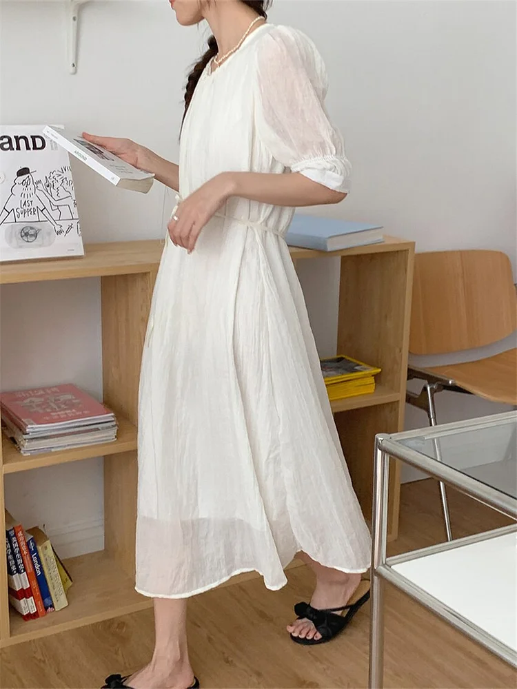 Casual Solid Color O-neck Lace-Up Puff Half Sleeve Dress - Image 2