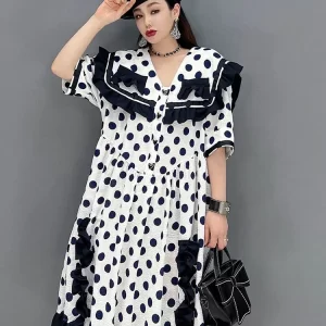 Cute Loose Sailor Collar Dot Printed Ruffles Decor Half Sleeve Dress
