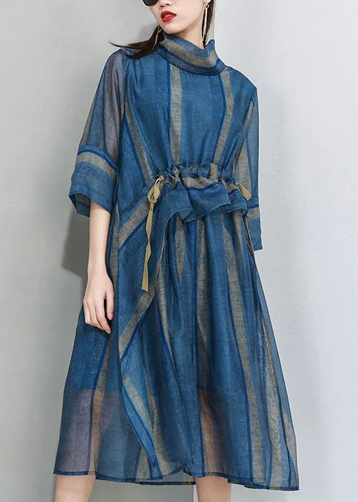 French Blue Cinched Stand Collar organza Dress Half Sleeve - Image 3