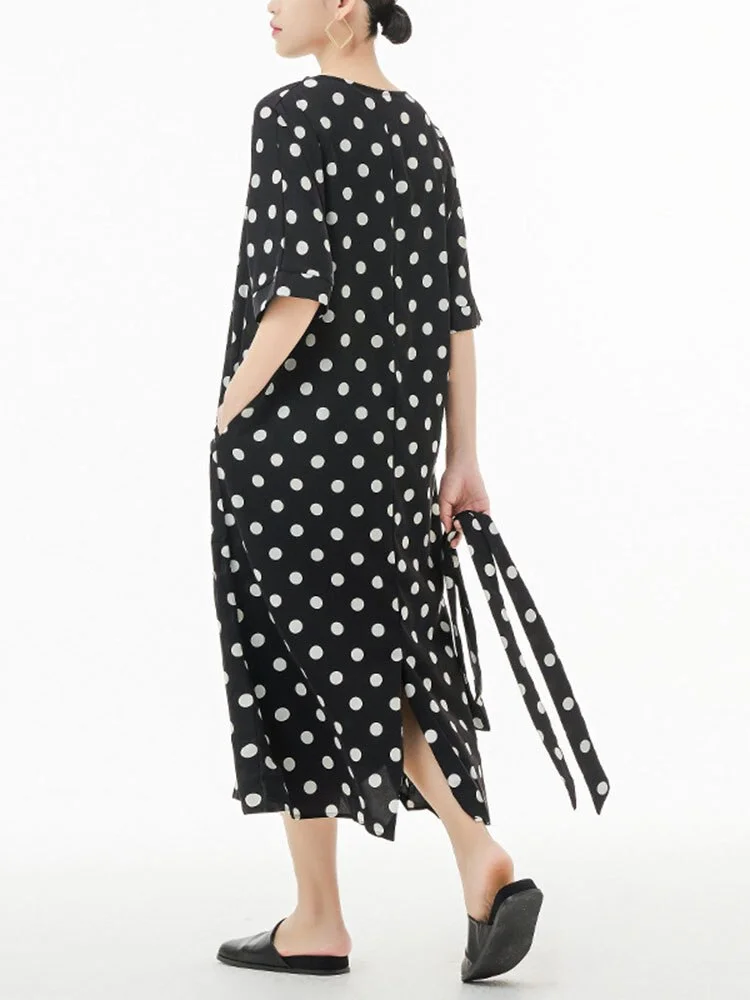 French V-neck Polka Dots Lace-up Back Split Hem Half Sleeve Dress - Image 7