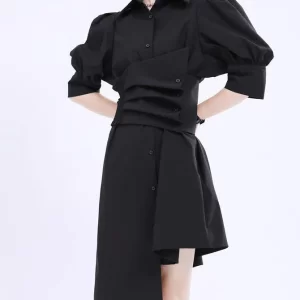 Black tie waist Cotton asymmetrical design Summer Dresses