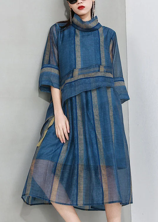 French Blue Cinched Stand Collar organza Dress Half Sleeve - Image 6