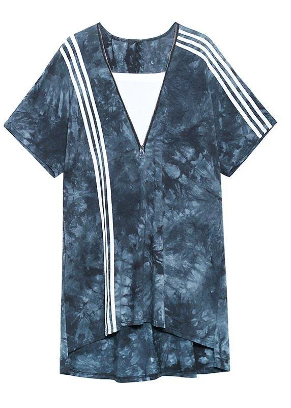 Comfy Tie Dye Blue zippered V Neck Dresses Summer - Image 5