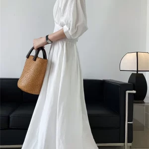 French Solid Color V-neck Pleated Half Sleeve Big Hem Dress