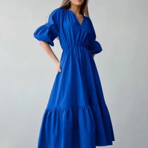Fashion Solid Color V-neck Puff Sleeves Pleated A-line Dress