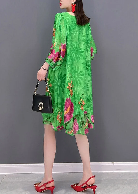 Fashion Green O Neck Print Chiffon tops and shorts two pieces Three Quarter sleeve - Image 2