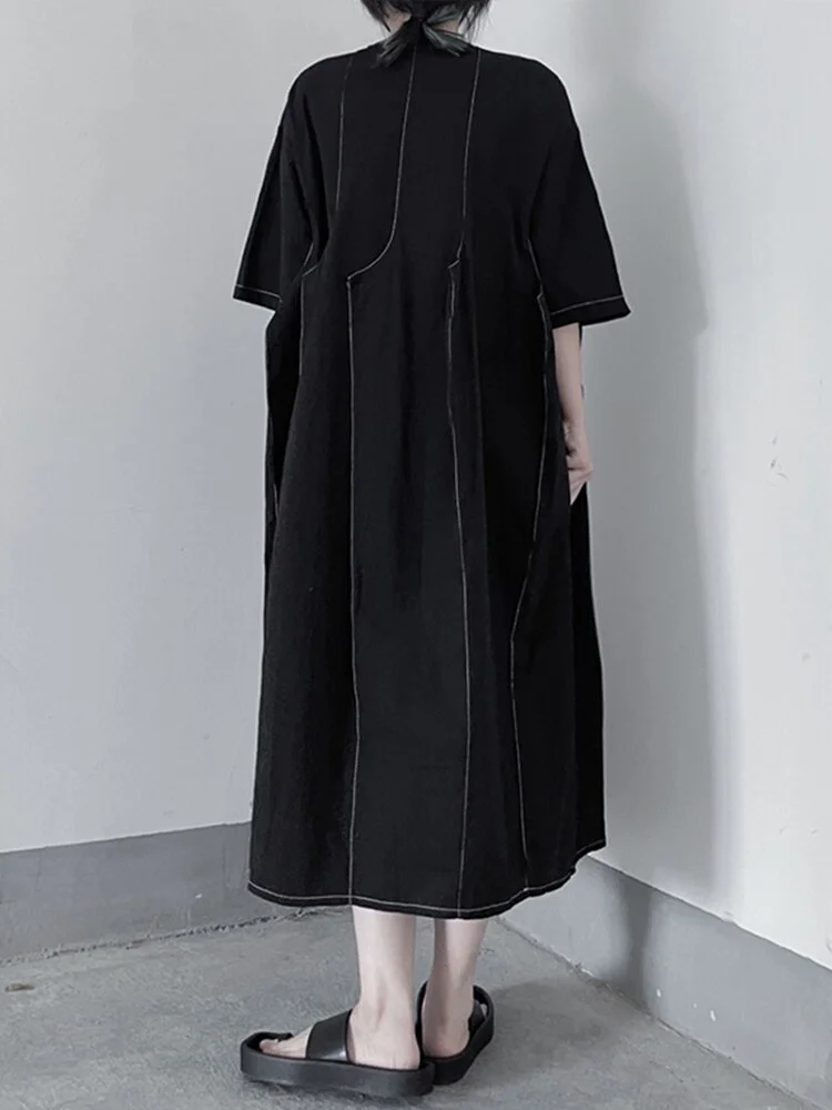 Casual Loose Solid Color O-neck Three-dimensional Patchwork Half Sleeve Mid-calf Dress - Image 4