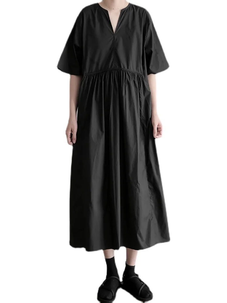 Simple Loose Black Y-neck Splicing Folds Waist Half Sleeve Big Hem Dress - Image 3