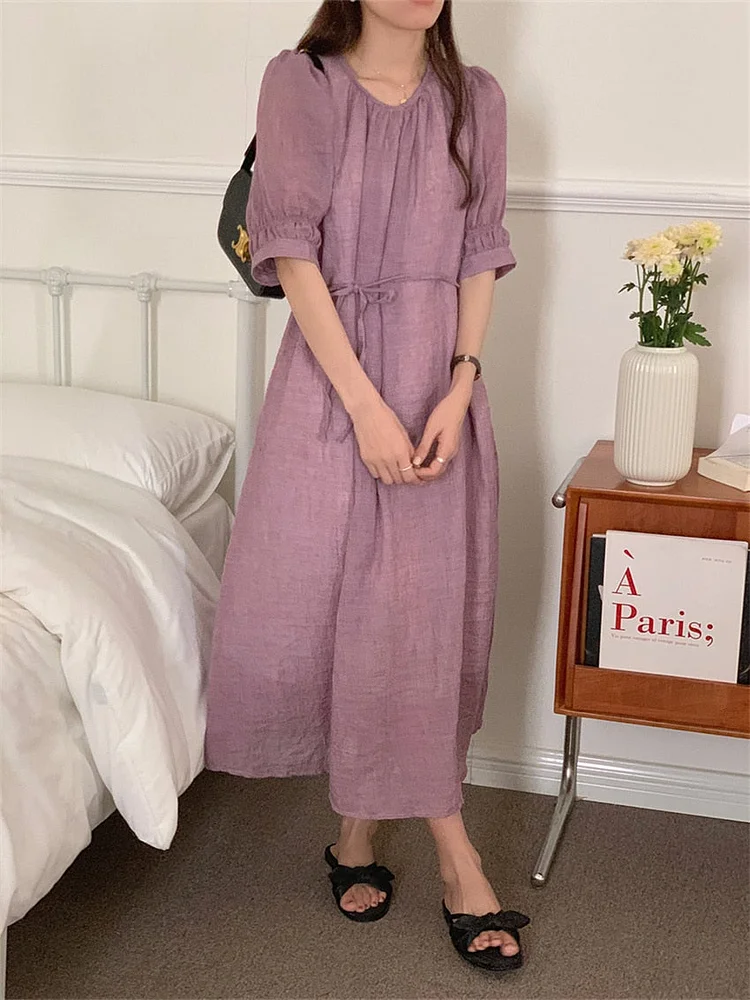 Casual Solid Color O-neck Lace-Up Puff Half Sleeve Dress - Image 5