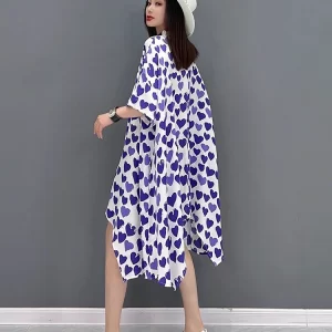 Contrast Color Lapel Heart Shaped Printed Batwing Sleeve Pocket Asymmetrical Dress