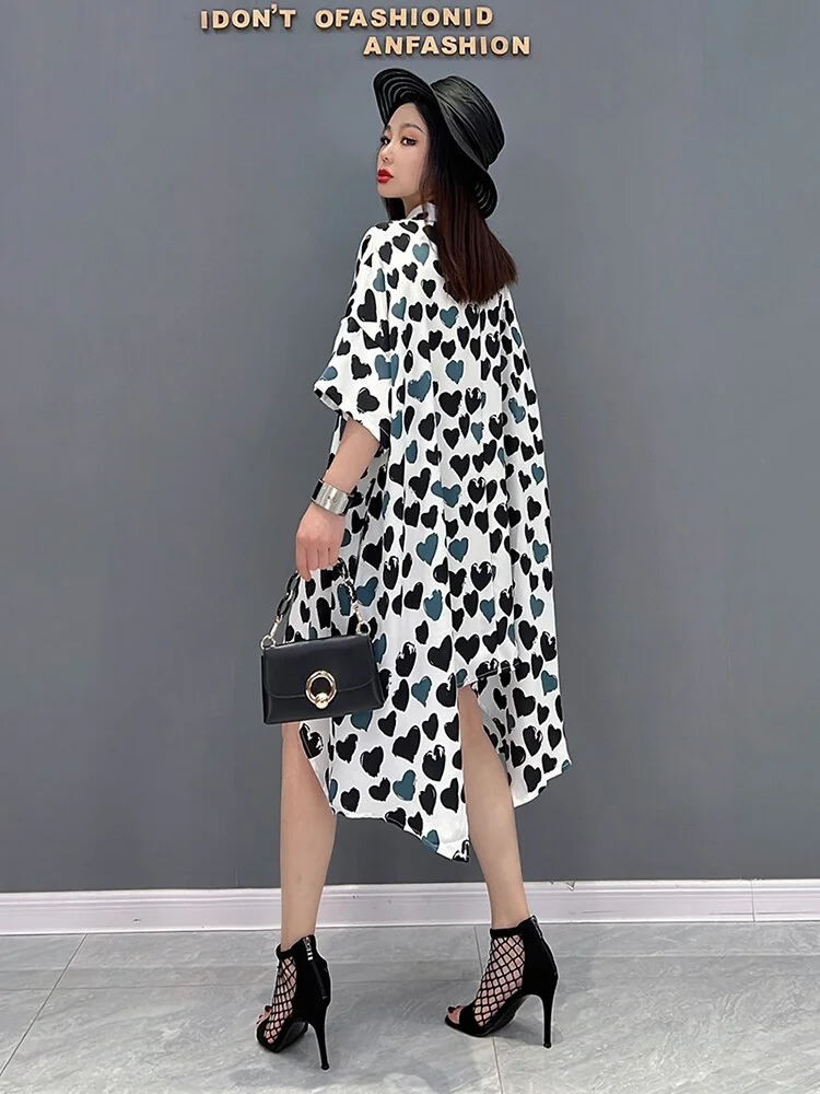 Chic Lapel Contrast Color Heart Shaped Printed Batwing Sleeve Asymmetrical Shirt Dress - Image 3