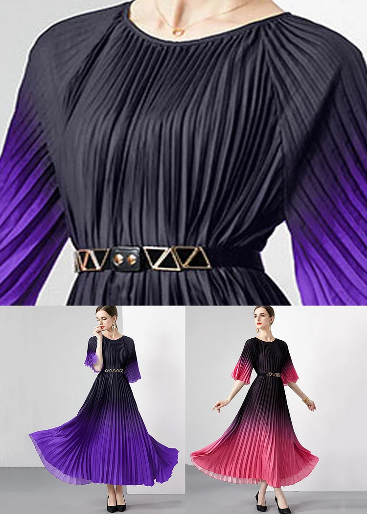 Pink Patchwork Loose Chiffon Long Dress Wrinkled O Neck Summer - Image 3