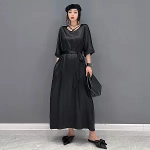 Temperament Loose Solid O-neck Lace-up Three-quarter Sleeve Dress