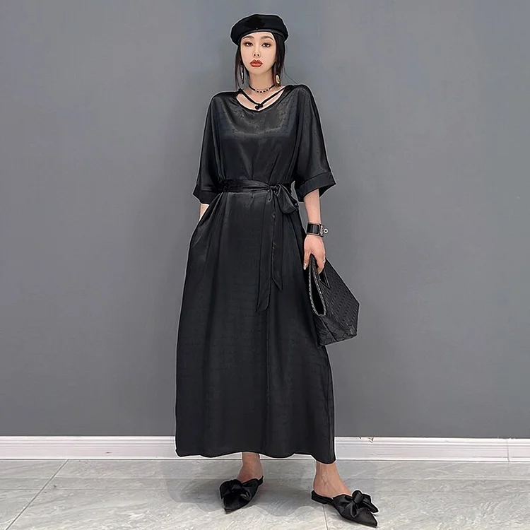 Temperament Loose Solid O-neck Lace-up Three-quarter Sleeve Dress