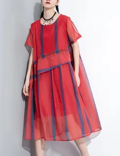 French Blue Cinched Stand Collar organza Dress Half Sleeve - Image 4