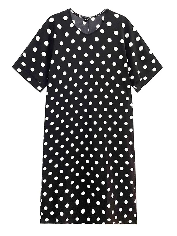 French V-neck Polka Dots Lace-up Back Split Hem Half Sleeve Dress - Image 3