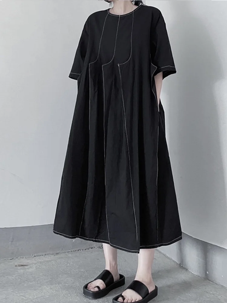 Casual Loose Solid Color O-neck Three-dimensional Patchwork Half Sleeve Mid-calf Dress - Image 3