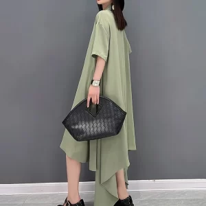 Simple Chiffon Solid Color Half Stand Collar Half Sleeve Irregular Hem Dress