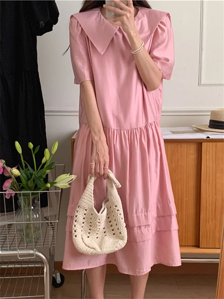 Casual Pink Sailor Collar High Waist Ruffled Hem Lantern Sleeve Dress - Image 7