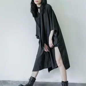 Simple Black Lace-up Batwing Sleeves Dress