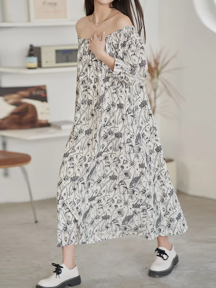 Elegant Elastic Square Collar Floral Printed Half Sleeve Lace-up Dress - Image 2