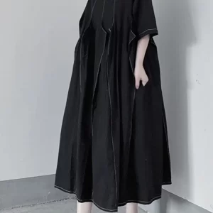 Casual Loose Solid Color O-neck Three-dimensional Patchwork Half Sleeve Mid-calf Dress