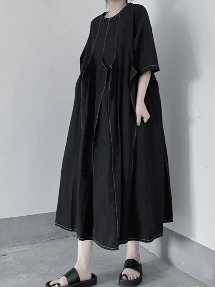 Casual Loose Solid Color O-neck Three-dimensional Patchwork Half Sleeve Mid-calf Dress