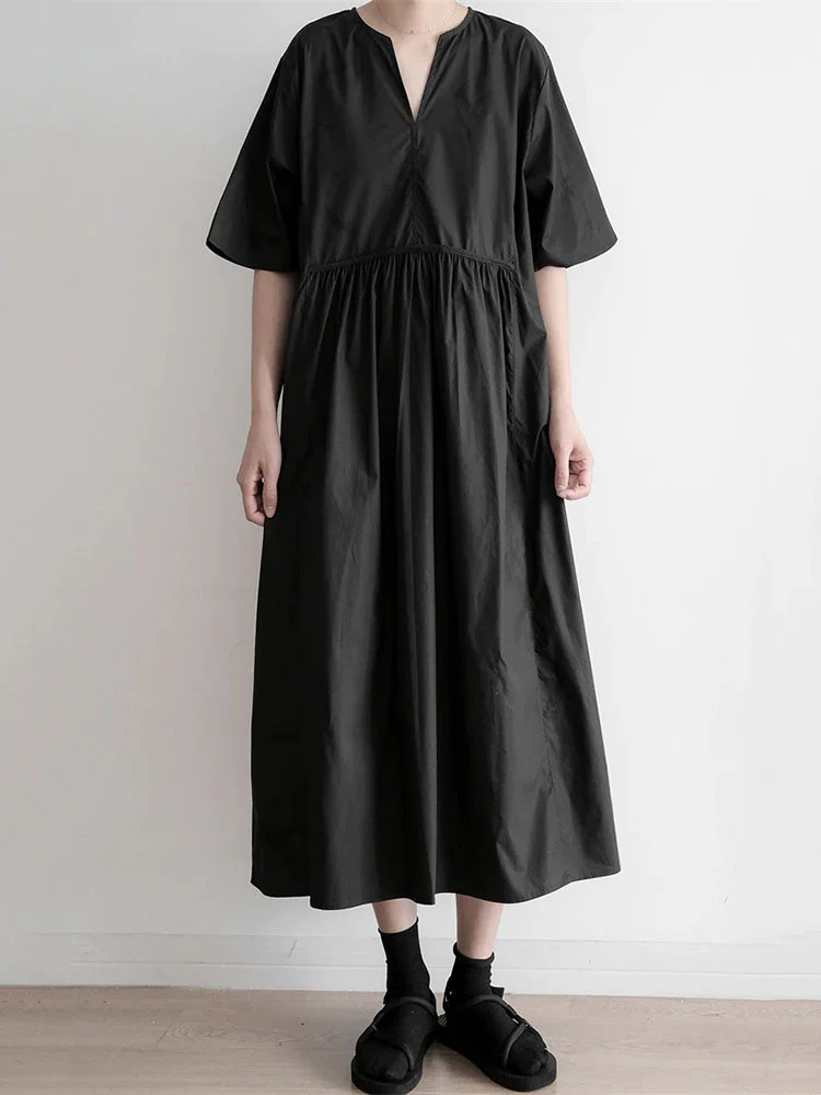 Simple Loose Black Y-neck Splicing Folds Waist Half Sleeve Big Hem Dress - Image 7