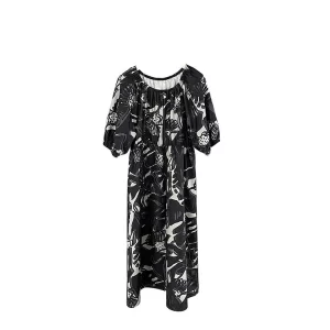 Elegant Loose Elastic Round Neck Abstract Flower Printed Half Lantern Sleeve Dress Fashion