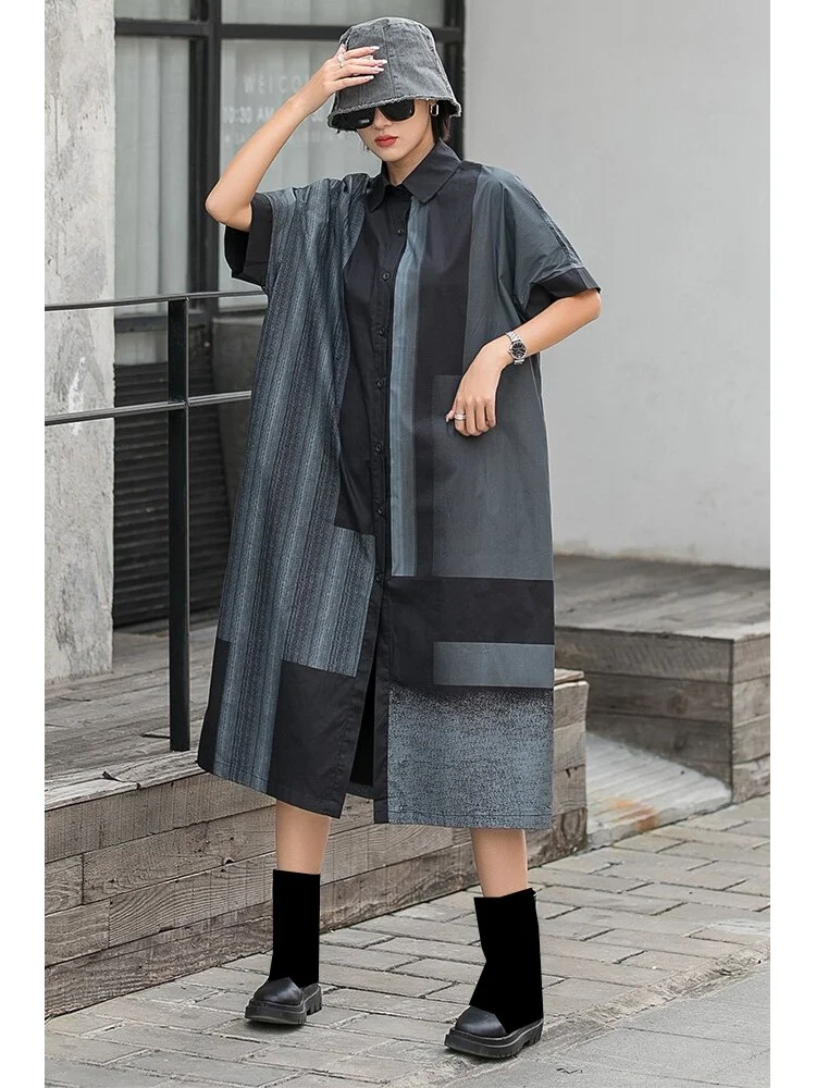 Street Loose Lapel Contrast Color Printed Single-breasted Half Sleeve Dress - Image 5