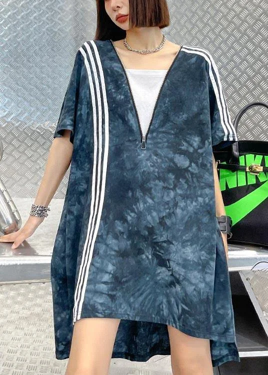 Comfy Tie Dye Blue zippered V Neck Dresses Summer - Image 4