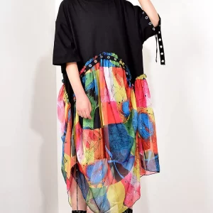Street Loose O-neck Asymmetric Patchwork Colorful Chiffon Splicing Band Half Sleeve Dress