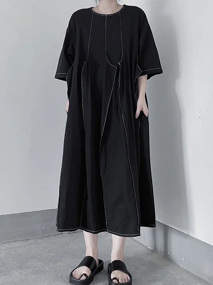 Casual Loose Solid Color O-neck Three-dimensional Patchwork Half Sleeve Mid-calf Dress - Image 6