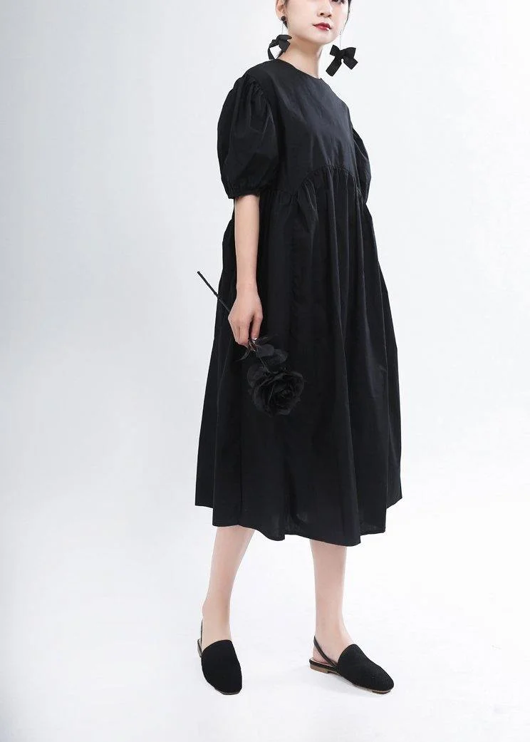 Handmade Black O-Neck Long Summer Cotton Dress - Image 2