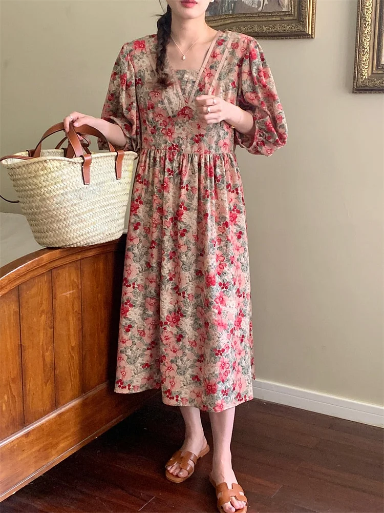 Chic V-Neck Floral High Waist Puff Half Sleeve Dress - Image 4