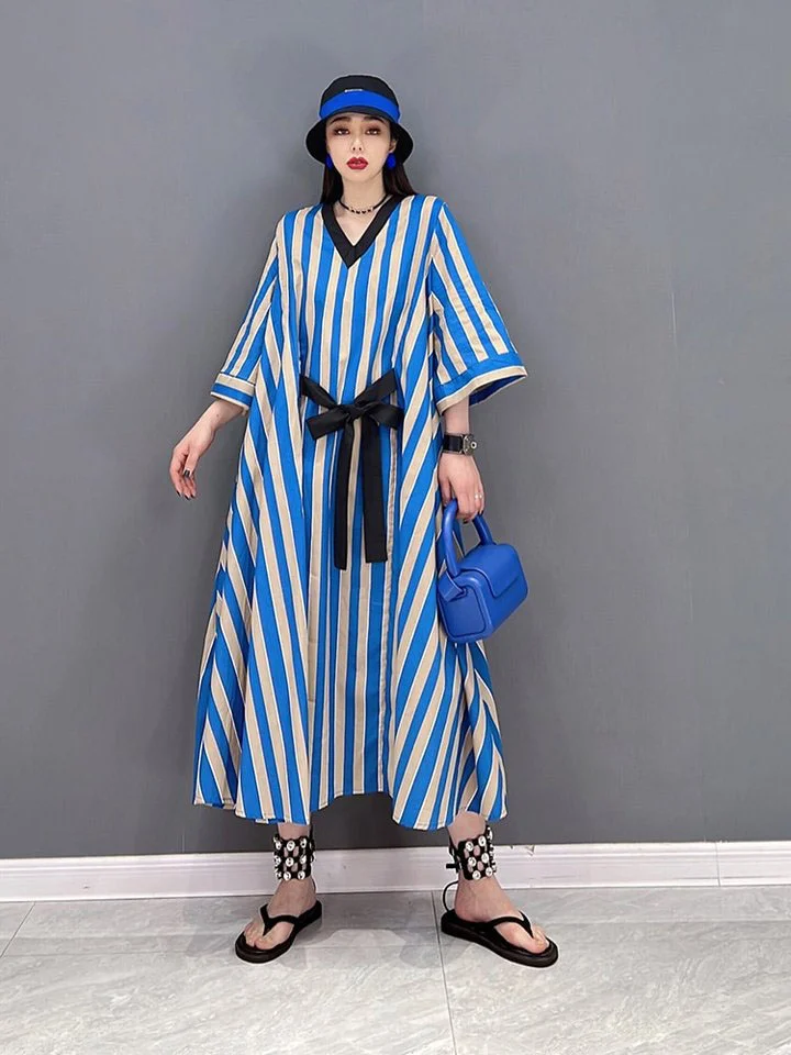 Fashion Loose V-neck Striped Lace-up Hlaf Sleeve Dress - Image 2