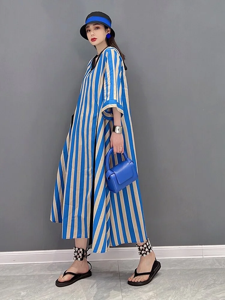 Fashion Loose V-neck Striped Lace-up Hlaf Sleeve Dress - Image 5