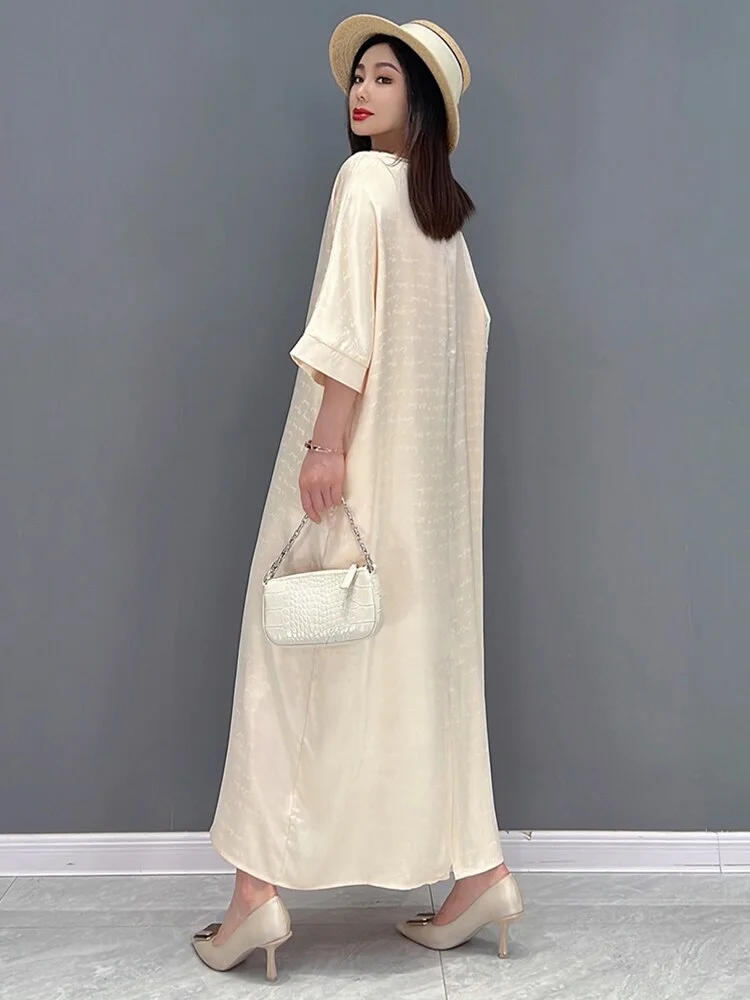 Temperament Loose Solid O-neck Lace-up Three-quarter Sleeve Dress - Image 3