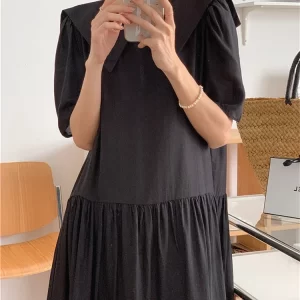 Casual Pink Sailor Collar High Waist Ruffled Hem Lantern Sleeve Dress