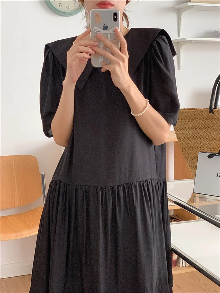 Casual Pink Sailor Collar High Waist Ruffled Hem Lantern Sleeve Dress