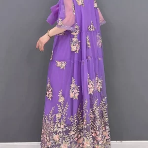 DIY Purple Peter Pan Collar Embroideried Lace Patchwork Tulle Holiday Dress Three Quarter Sleeve