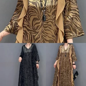 Style Khaki V Neck Patchwork Zebra Pattern Silk Dress Bracelet Sleeve