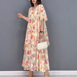 Boho V-Neck Floral Printed Irregular Patchwork Half Sleeve Dress