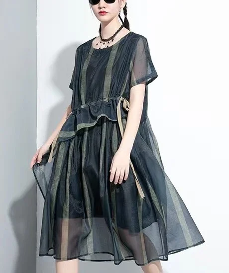 French Blue Cinched Stand Collar organza Dress Half Sleeve - Image 2