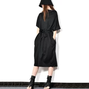 Casual Loose Solid Color Turtleneck Batwing Sleeve Lace-up Pockets Dress