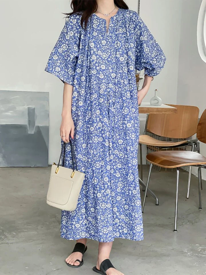 Temperament Loose Y-neck Tie Floral Half Sleeve Dress - Image 6