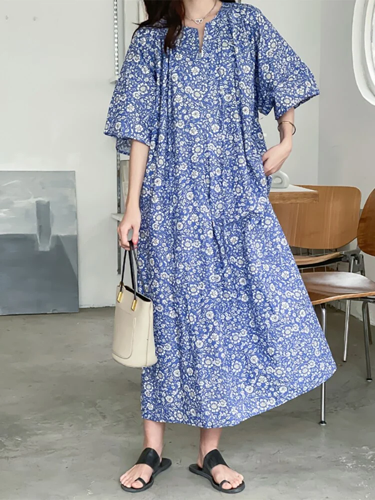 Temperament Loose Y-neck Tie Floral Half Sleeve Dress - Image 5