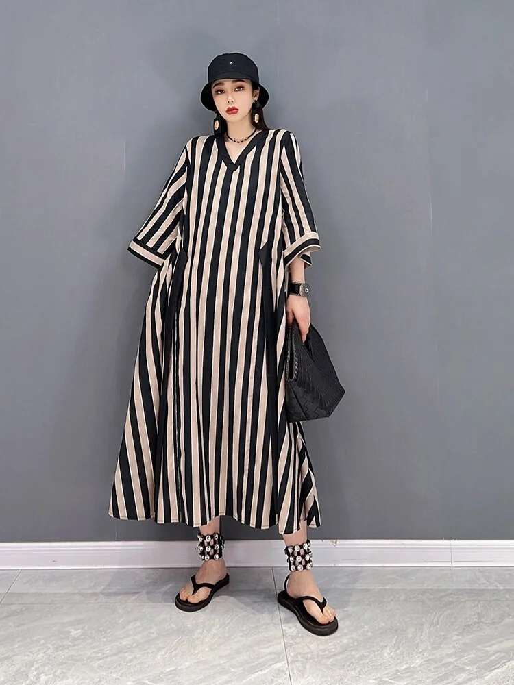 Fashion Loose V-neck Striped Lace-up Hlaf Sleeve Dress - Image 4