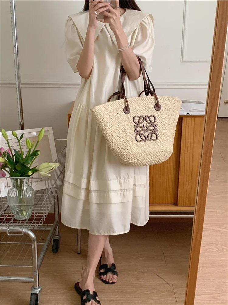 Casual Pink Sailor Collar High Waist Ruffled Hem Lantern Sleeve Dress - Image 3